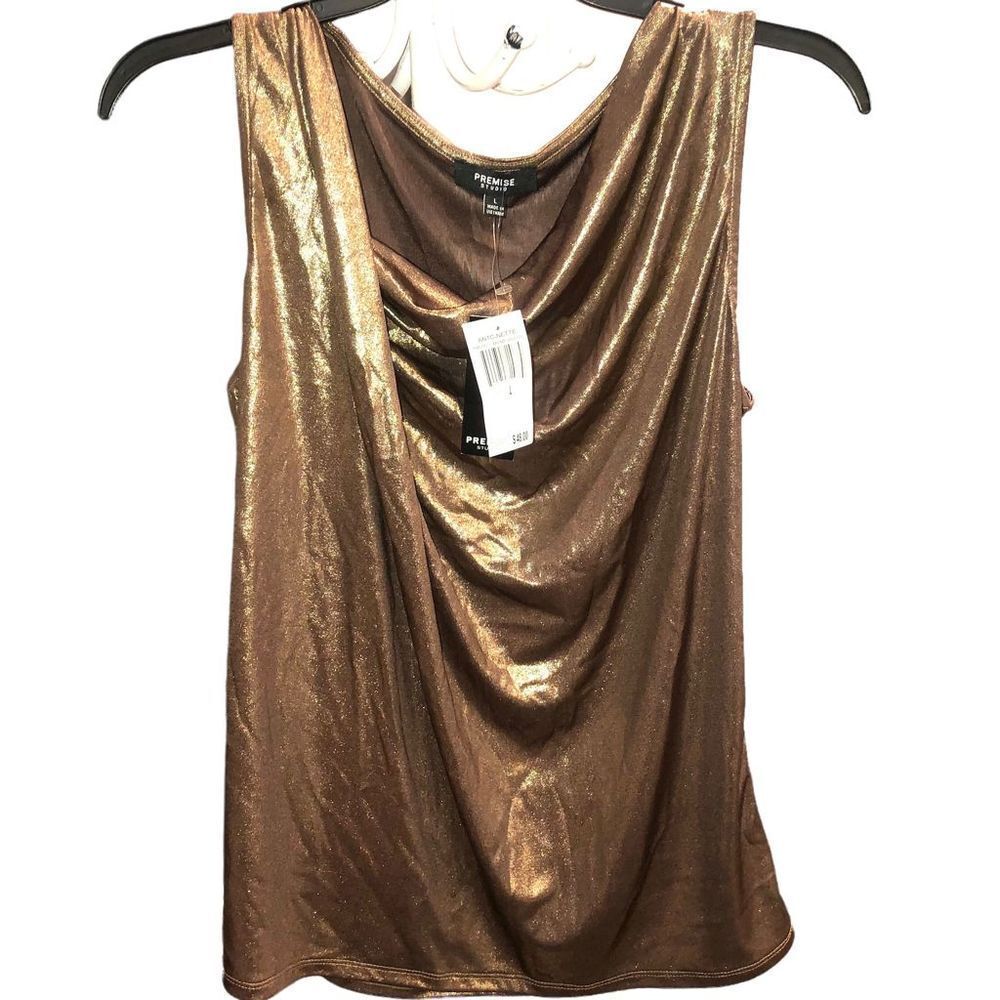 New Premise Studio Antoinette Bronze Gold Foil Dress Tank Top Blouse Large - Picture 4 of 7